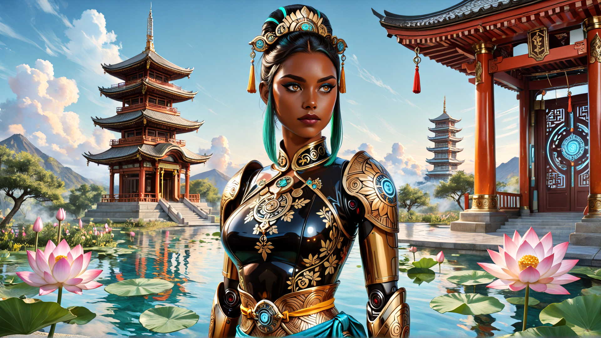 AI generated wallpaper featuring woman, lotus, pagoda, armor, chinese, garden, tower, water, lotus pond, ancient