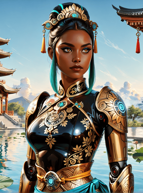 woman, lotus, pagoda, armor, chinese, garden, tower, water, lotus pond, ancient