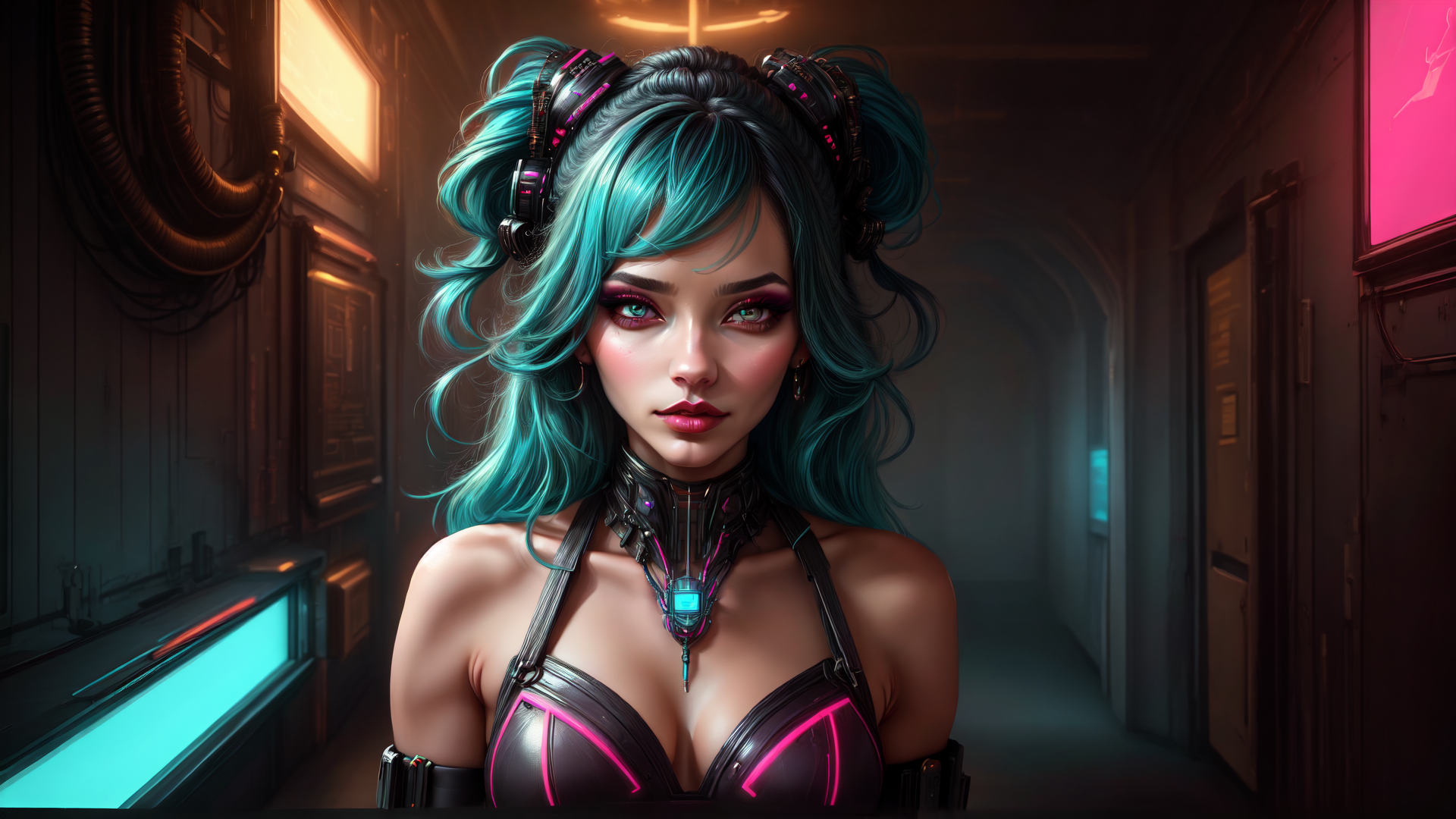 AI generated wallpaper featuring cyborg, woman, neon, corridor, cyberpunk, headset, choker, bra, hair, glasses