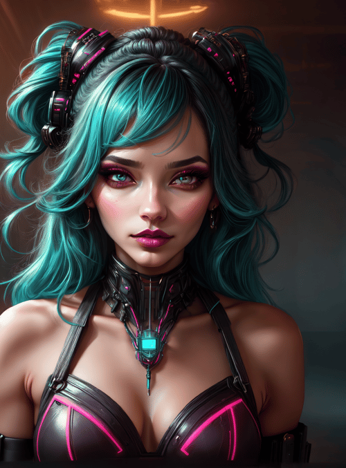 cyborg, woman, neon, corridor, cyberpunk, headset, choker, bra, hair, glasses