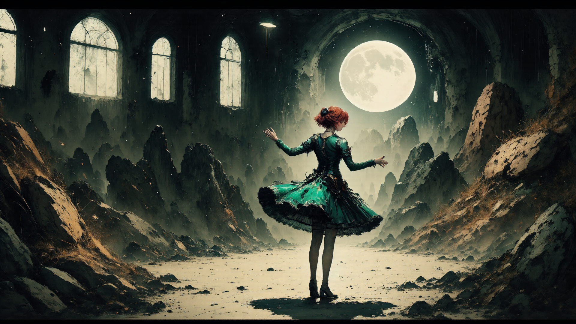 AI generated wallpaper featuring girl, moon, ruins