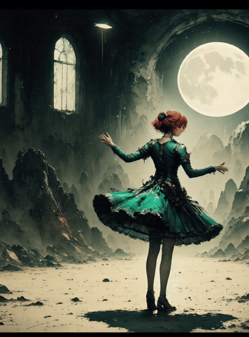 girl, moon, ruins