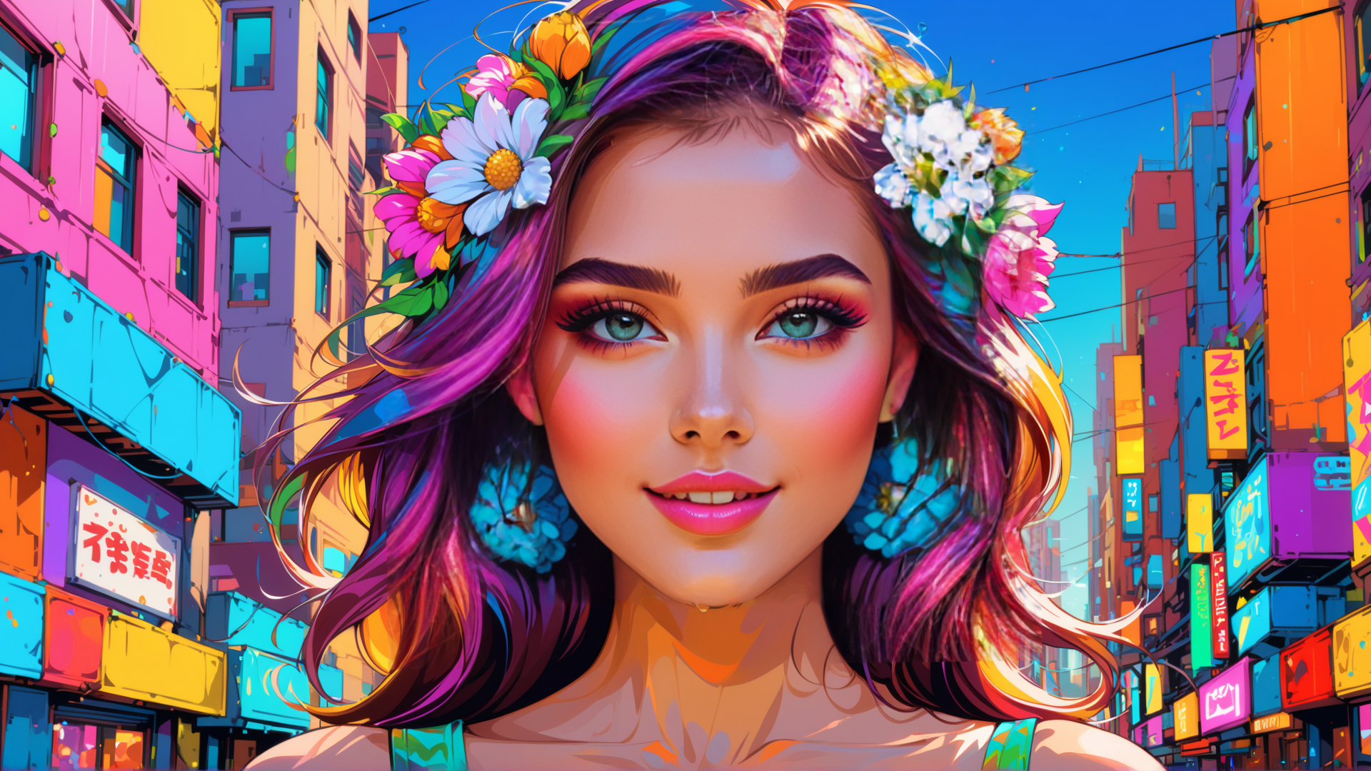 AI generated wallpaper featuring woman, city, flowers