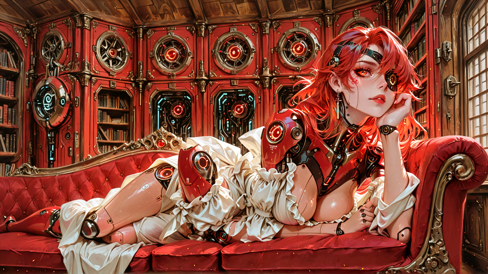 AI generated wallpaper featuring robot, woman, sofa, library, mechanical, red, glasses, dress, bookshelf, cyberpunk