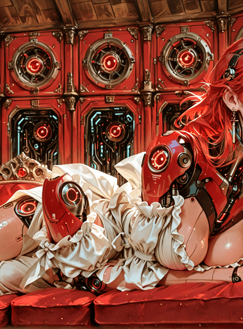 robot, woman, sofa, library, mechanical, red, glasses, dress, bookshelf, cyberpunk