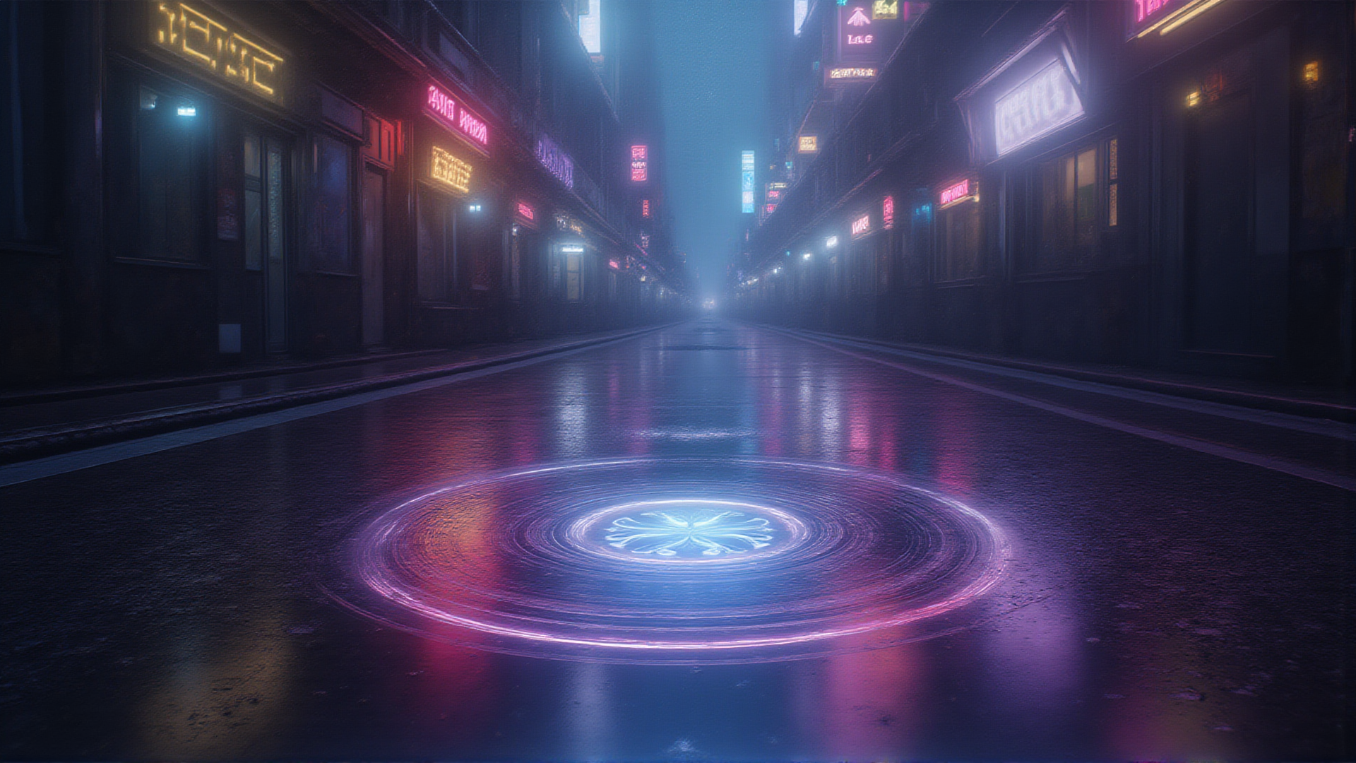 AI generated wallpaper featuring neon, street, circle, city, light, road, signs, glow, urban, pattern