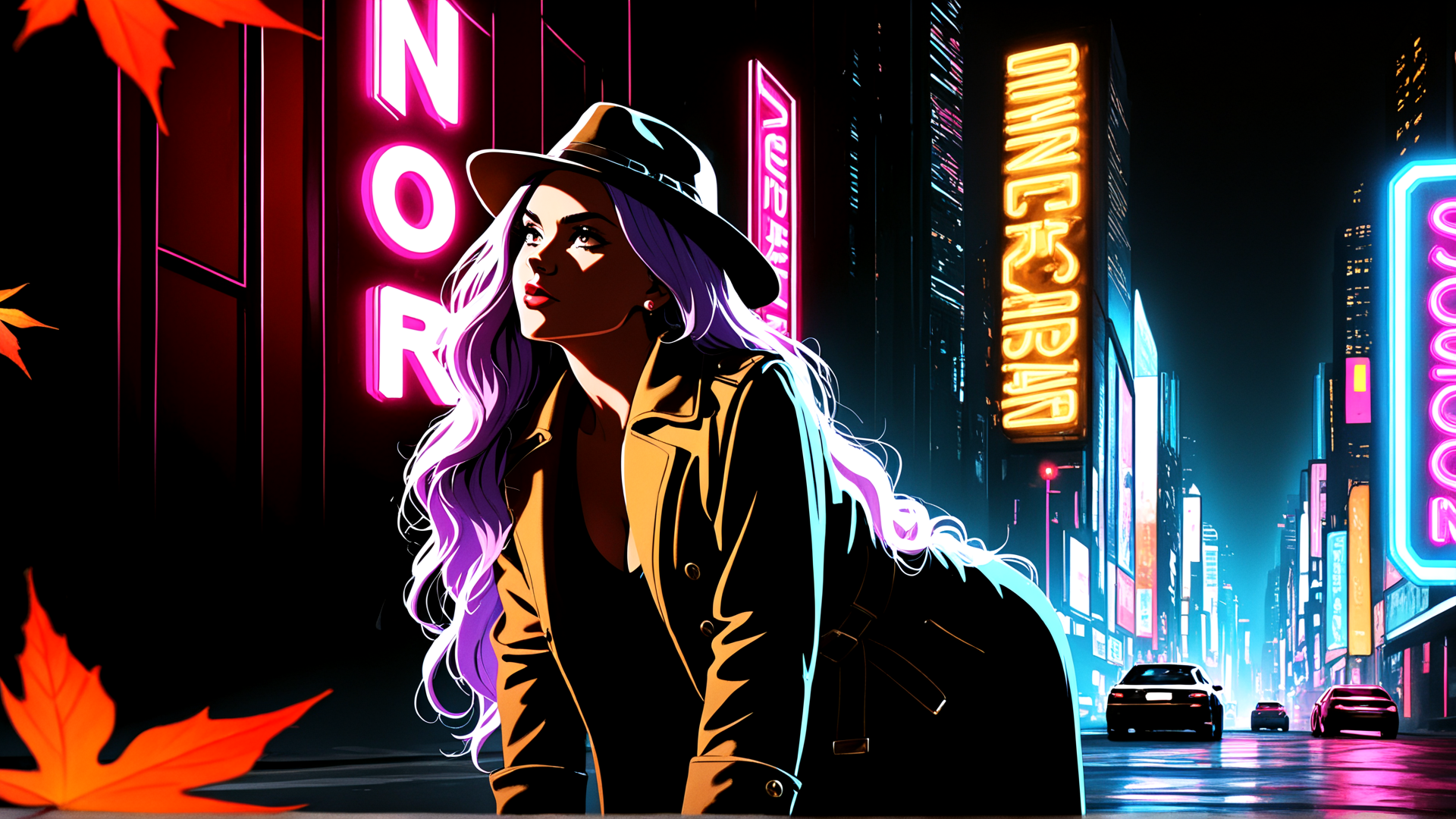 AI generated wallpaper featuring woman, neon signs, city street, fall leaves, car, hat, coat, hair, building, signs