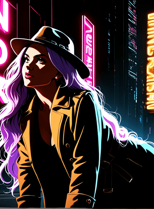 woman, neon signs, city street, fall leaves, car, hat, coat, hair, building, signs