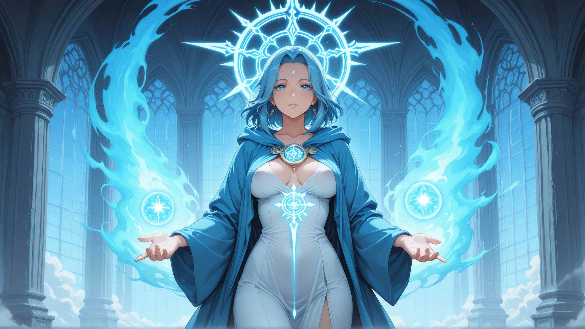 AI generated wallpaper featuring woman, mage, goddess, witch, mage, enchanted, circle, sphere, flame, crown
