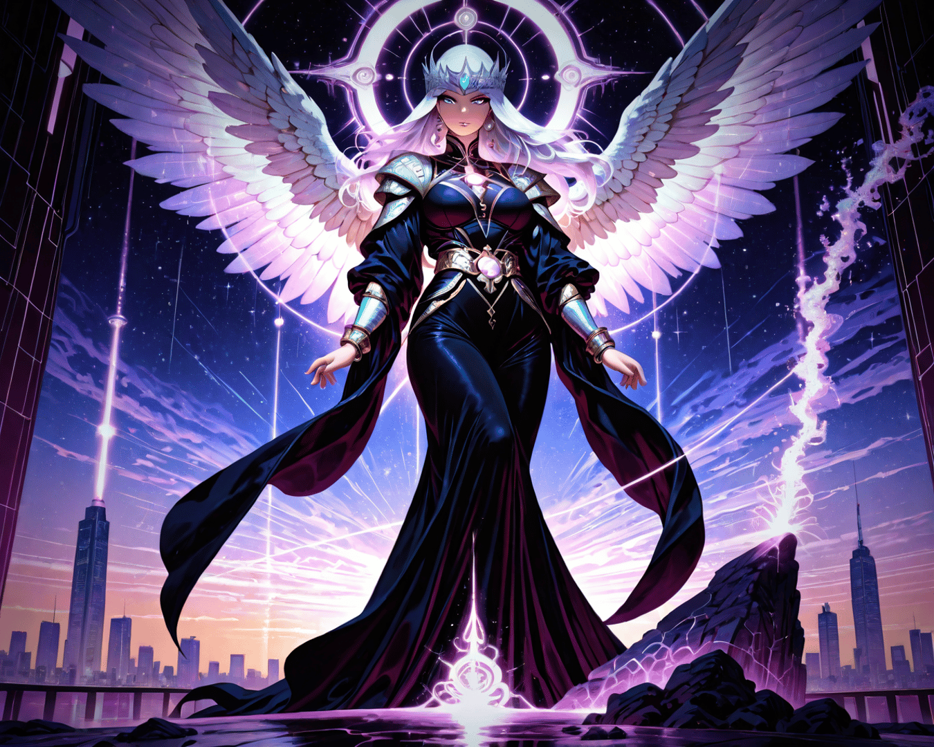 AI generated wallpaper featuring angel, queen, city