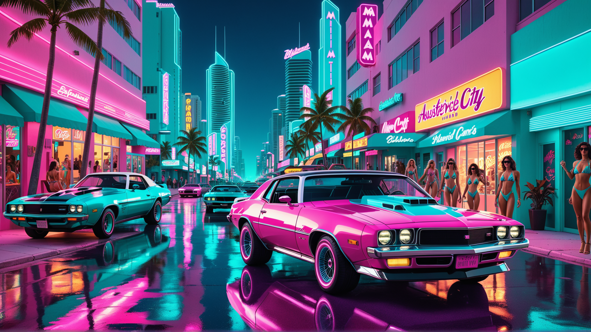 AI generated wallpaper featuring cars, women, buildings