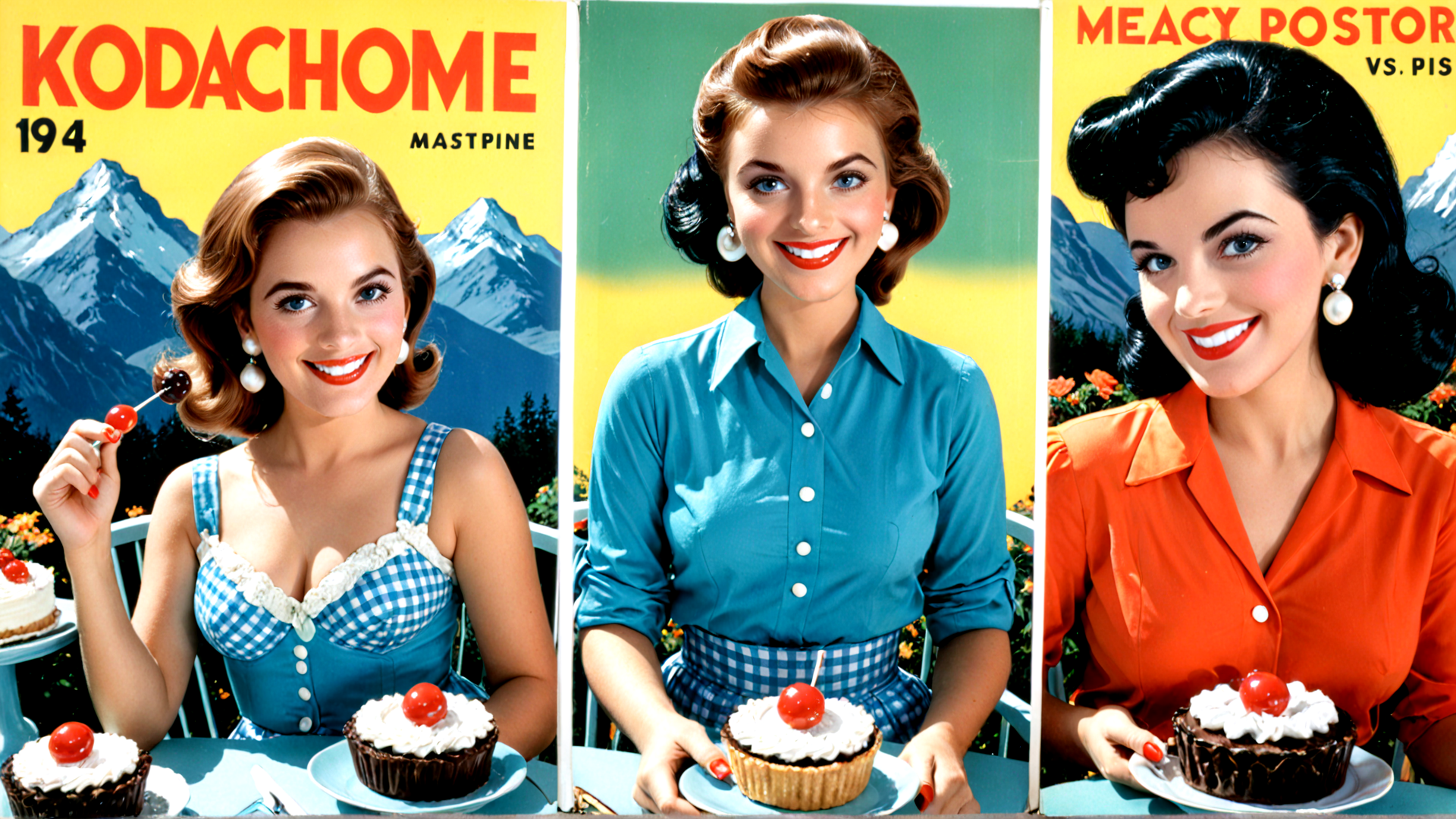 AI generated wallpaper featuring woman, cupcake, cherry, mountain, dress, posters, table, ears, cake, shirt
