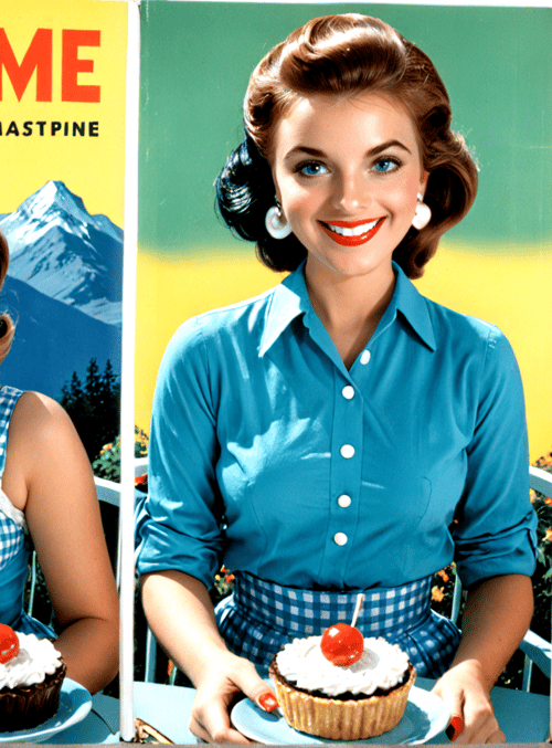 woman, cupcake, cherry, mountain, dress, posters, table, ears, cake, shirt