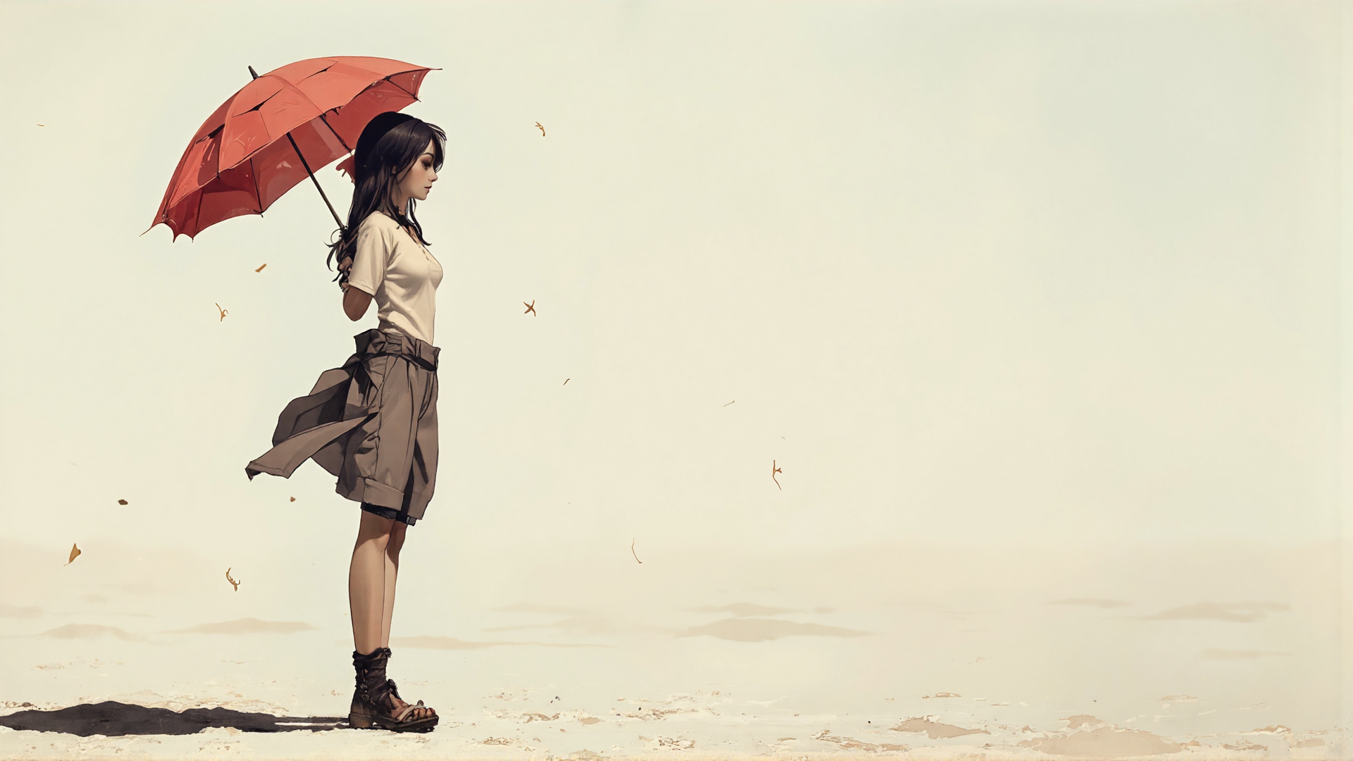 AI generated wallpaper featuring woman, umbrella, leaves