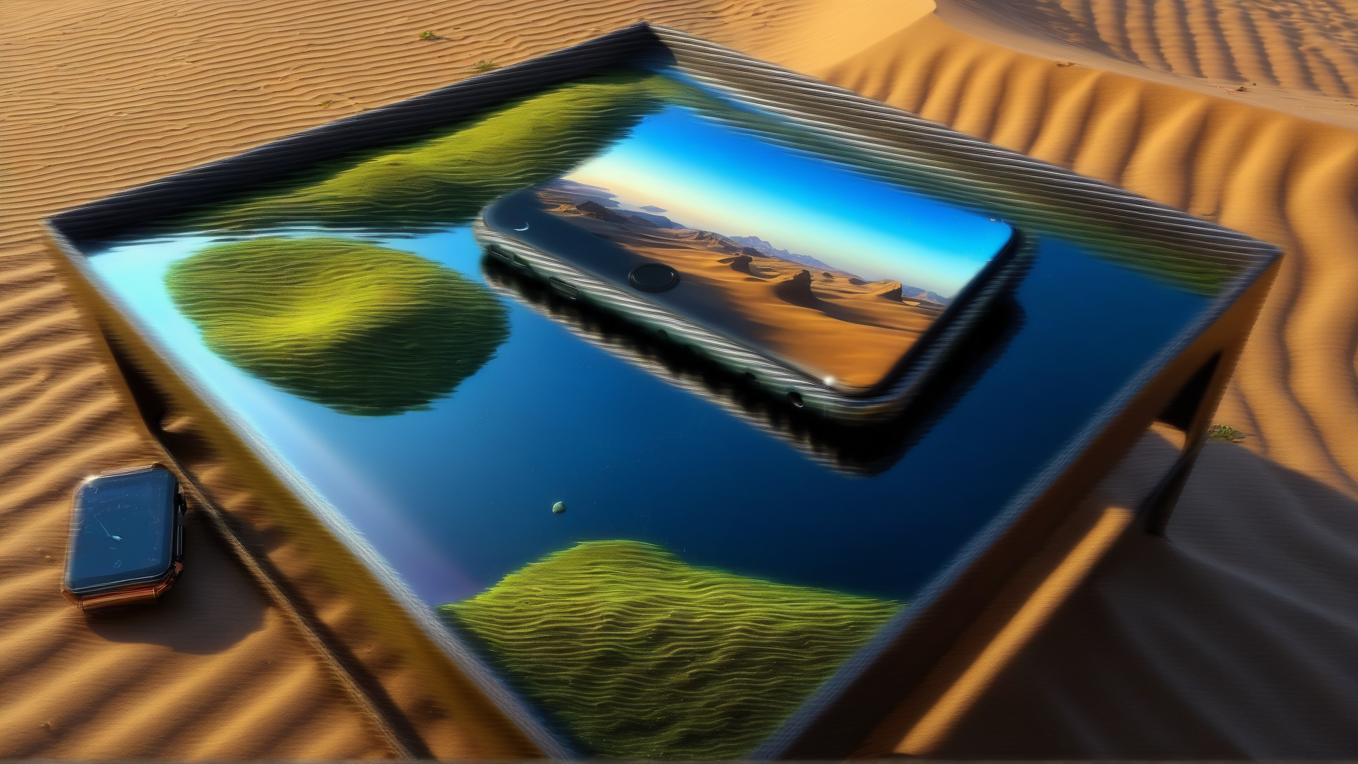 AI generated wallpaper featuring phone, table, sand