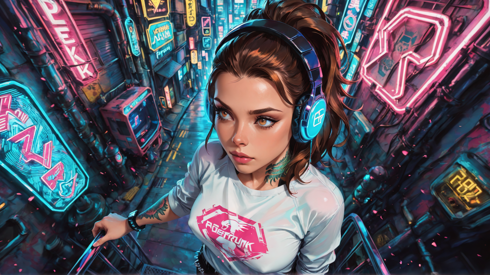 AI generated wallpaper featuring woman, headphones, neon city, street, tattoo, shirt, signs, urban, cyberpunk, gaming