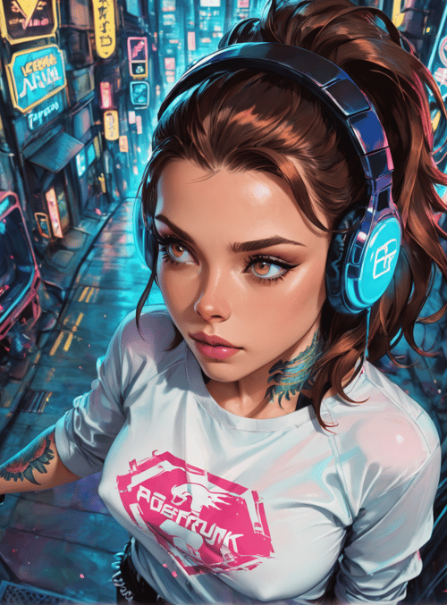 woman, headphones, neon city, street, tattoo, shirt, signs, urban, cyberpunk, gaming