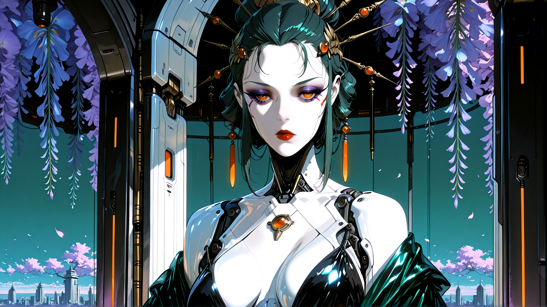 AI generated wallpaper featuring robot, woman, sakura, cyberpunk, flower, gears, necklace, ears, city, headpiece