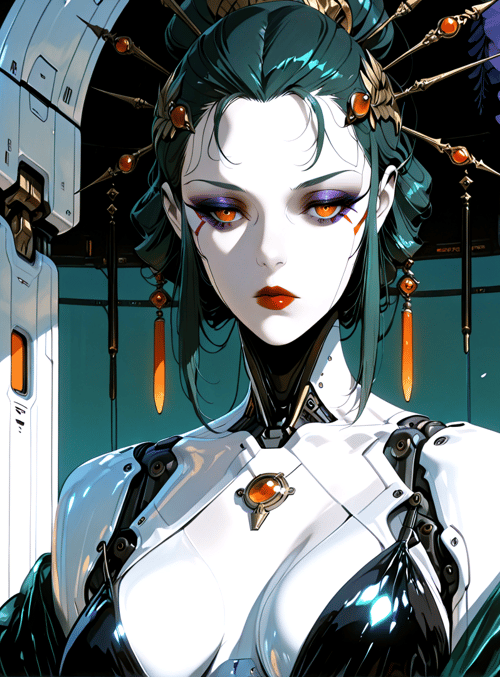robot, woman, sakura, cyberpunk, flower, gears, necklace, ears, city, headpiece