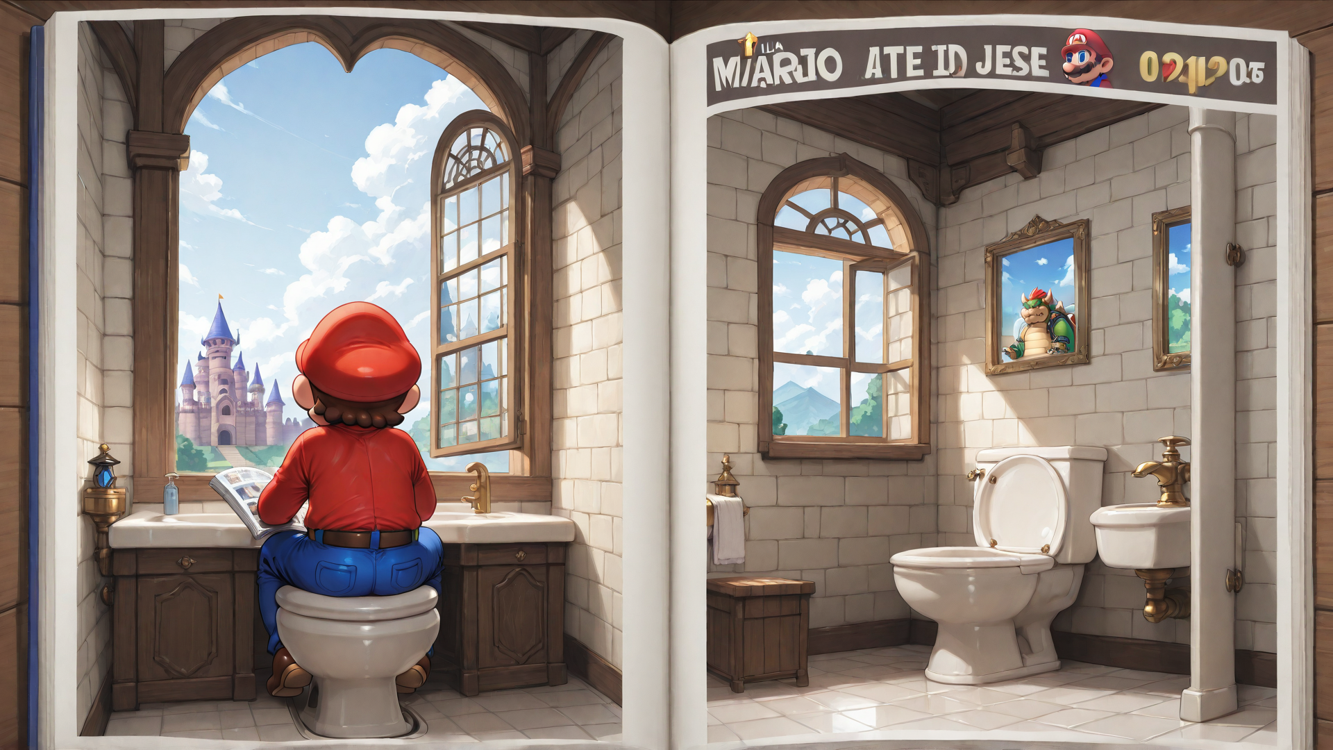 AI generated wallpaper featuring mario, toilet, castle, bathroom, book, sink, toilet paper, dragon, window, towel