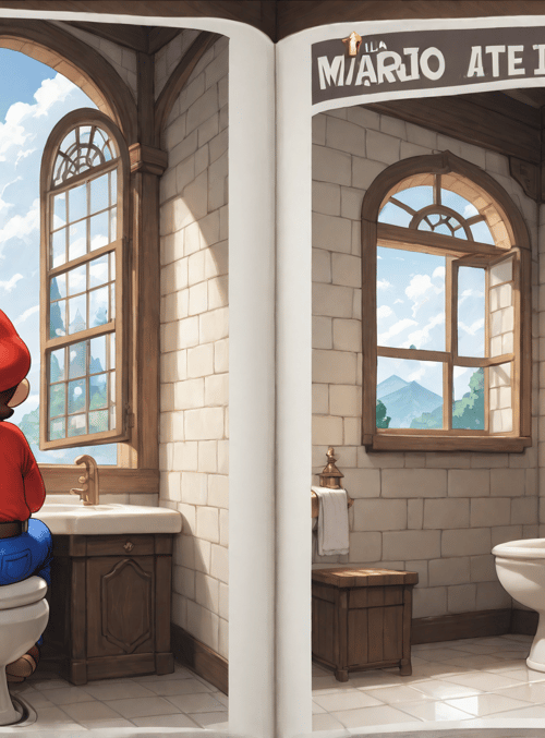mario, toilet, castle, bathroom, book, sink, toilet paper, dragon, window, towel
