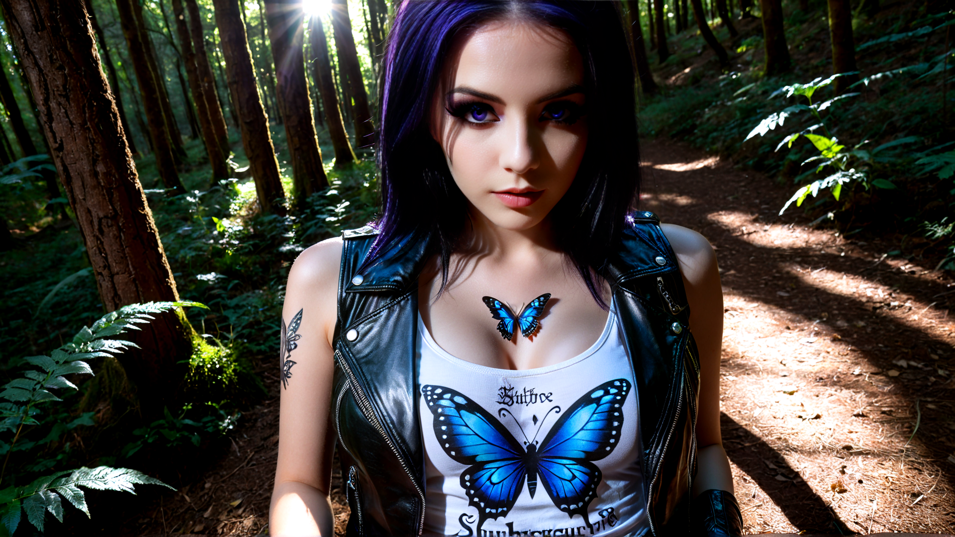 AI generated wallpaper featuring woman, butterfly, forest