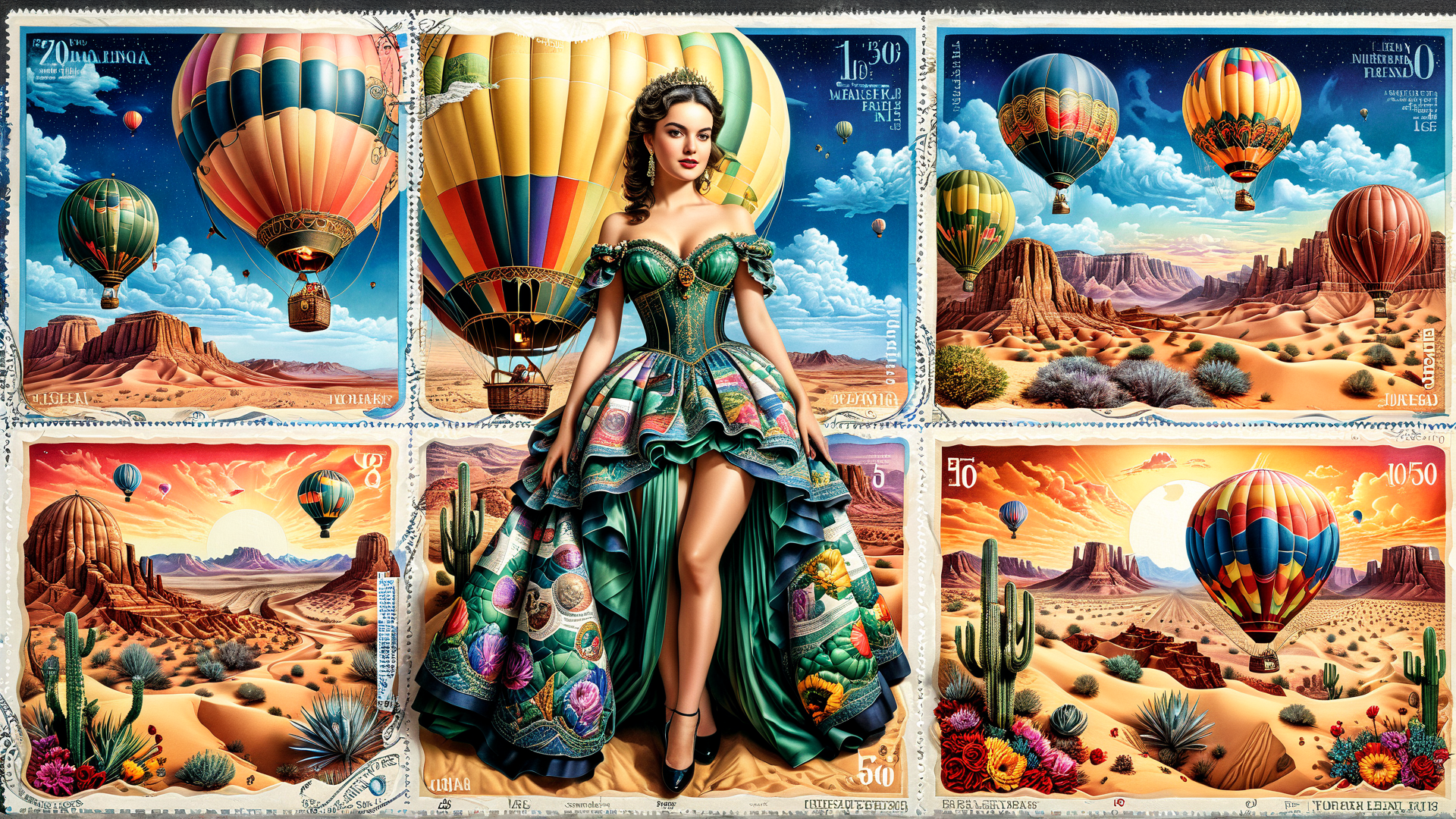 AI generated wallpaper featuring woman, hot air balloon, desert