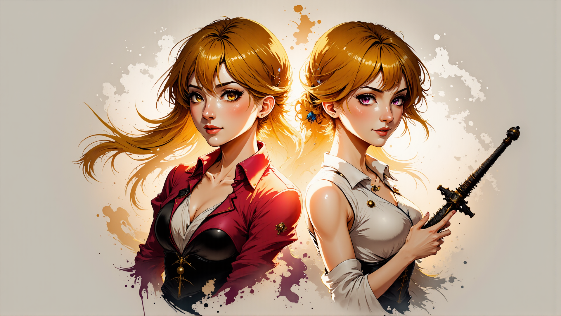 AI generated wallpaper featuring woman, sword, hair, shirt, jacket, dress, accessories, portrait, art, anime