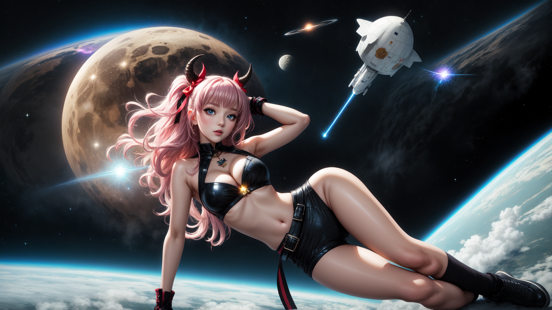 AI generated wallpaper featuring anime girl, space, satellite, planet, moon, spaceship
