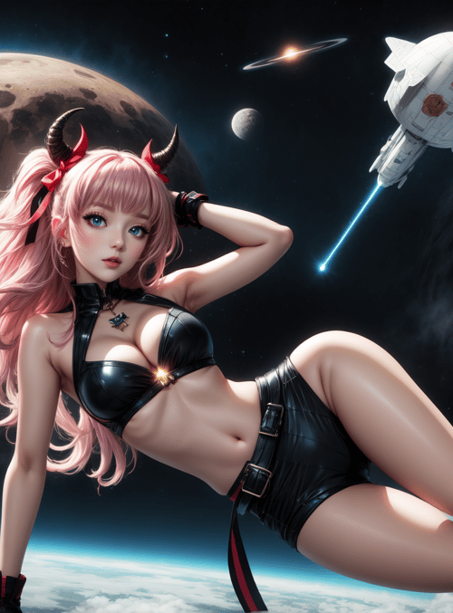 anime girl, space, satellite, planet, moon, spaceship