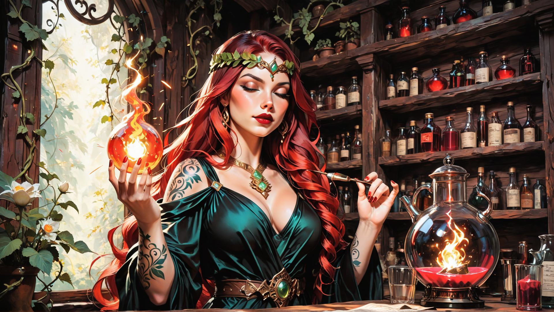AI generated wallpaper featuring witch, alchemist, woman, bottle, fire, flame, tattoo, herb, window, bottle