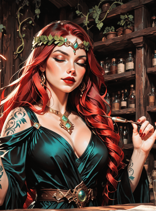 witch, alchemist, woman, bottle, fire, flame, tattoo, herb, window, bottle