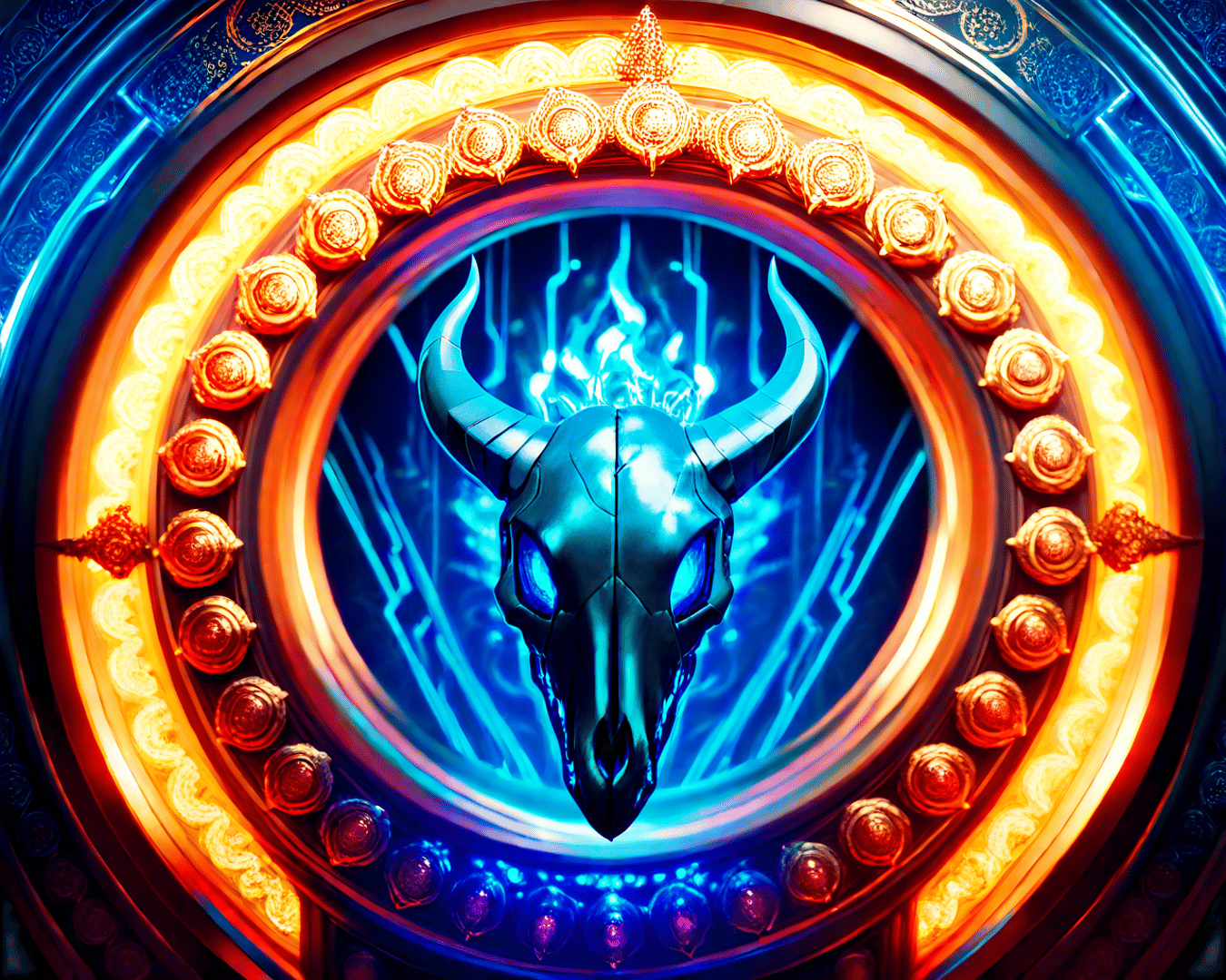 AI generated wallpaper featuring bull skull, portal, ornament