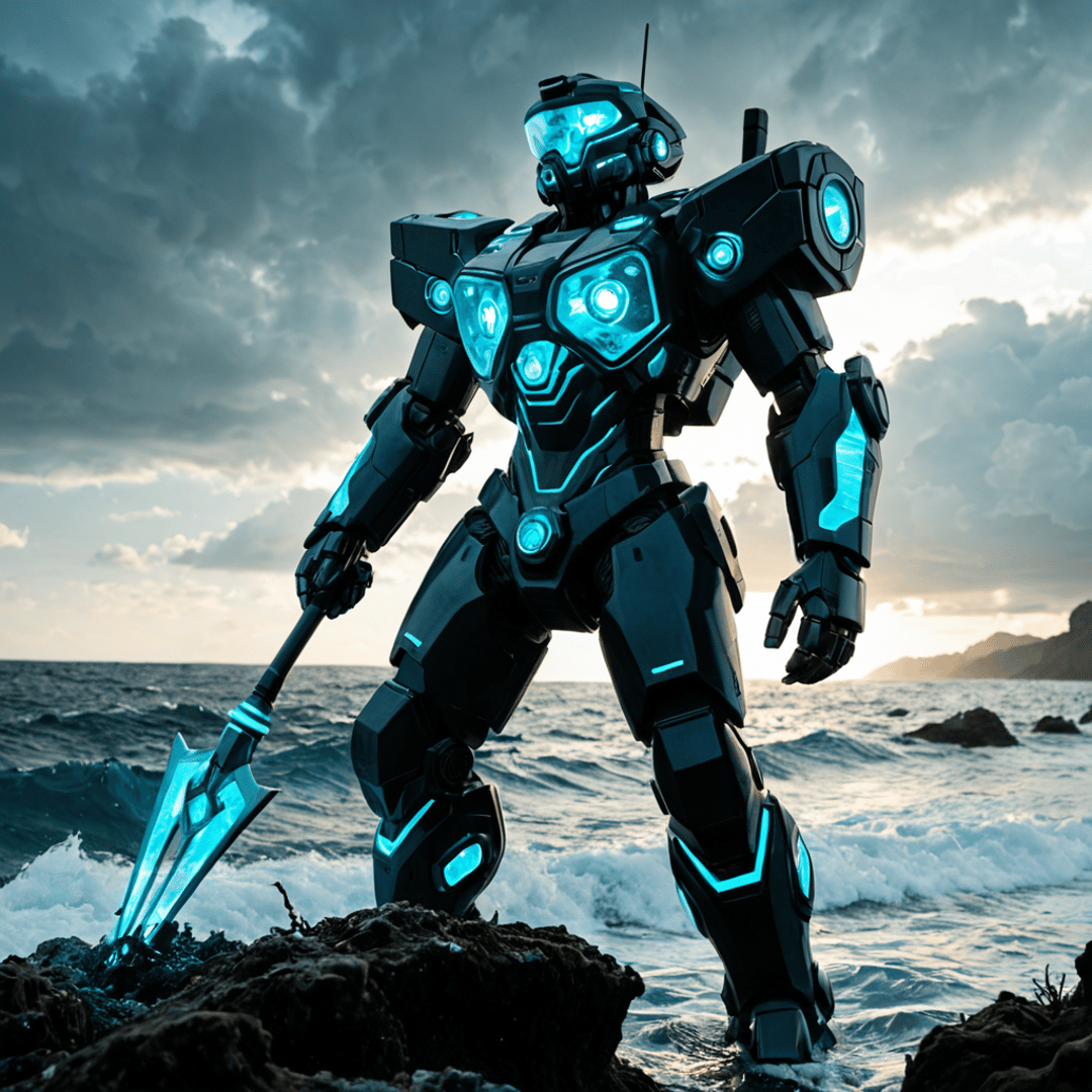 AI generated wallpaper featuring robot, robotic, armor