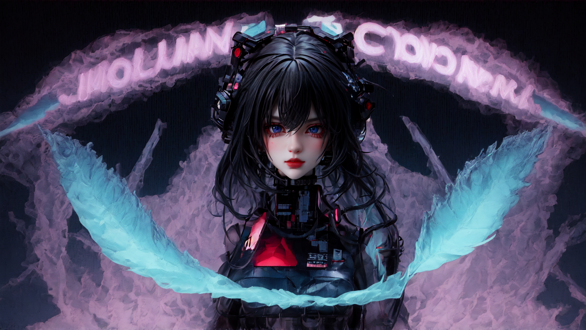 AI generated wallpaper featuring cyberpunk girl, feathers, headset