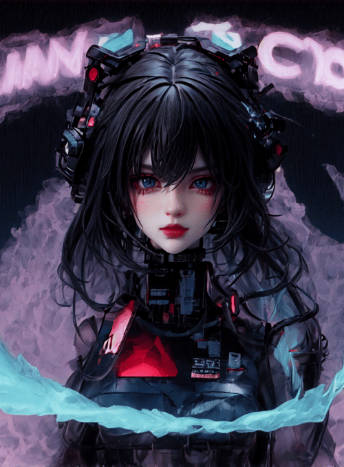 cyberpunk girl, feathers, headset