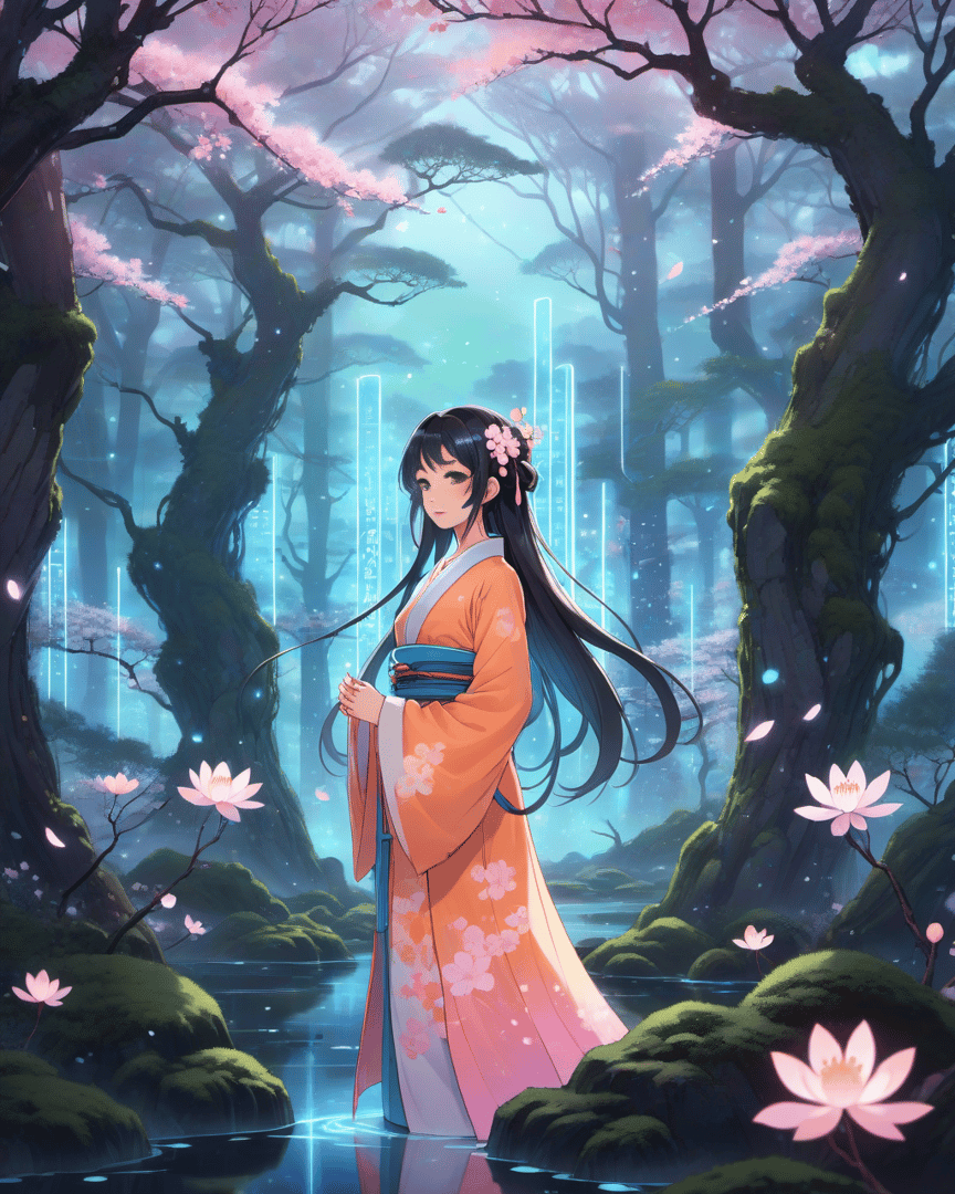 AI generated wallpaper featuring woman, cherry blossoms, lotus