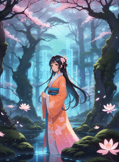woman, cherry blossoms, lotus