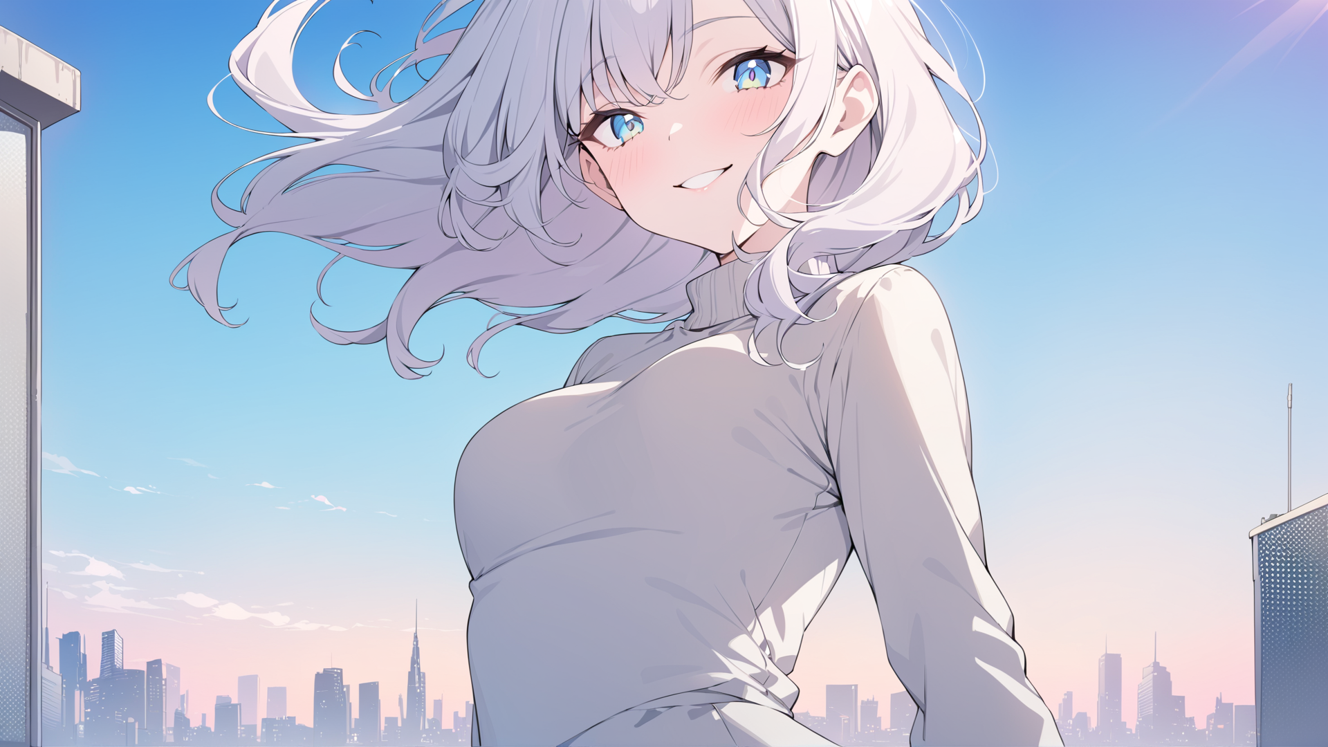 AI generated wallpaper featuring anime girl, cityscape