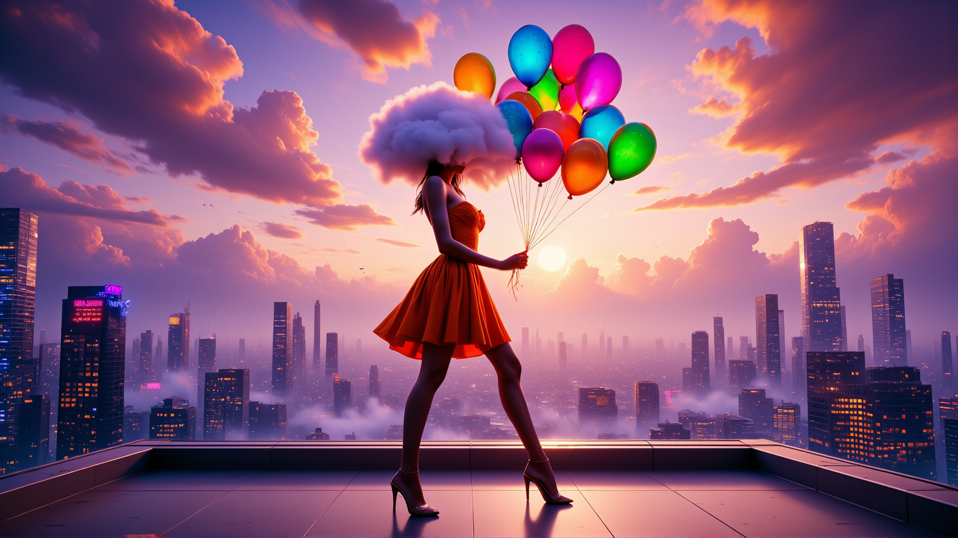 AI generated wallpaper featuring woman, balloons, city