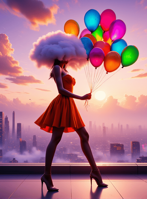 woman, balloons, city