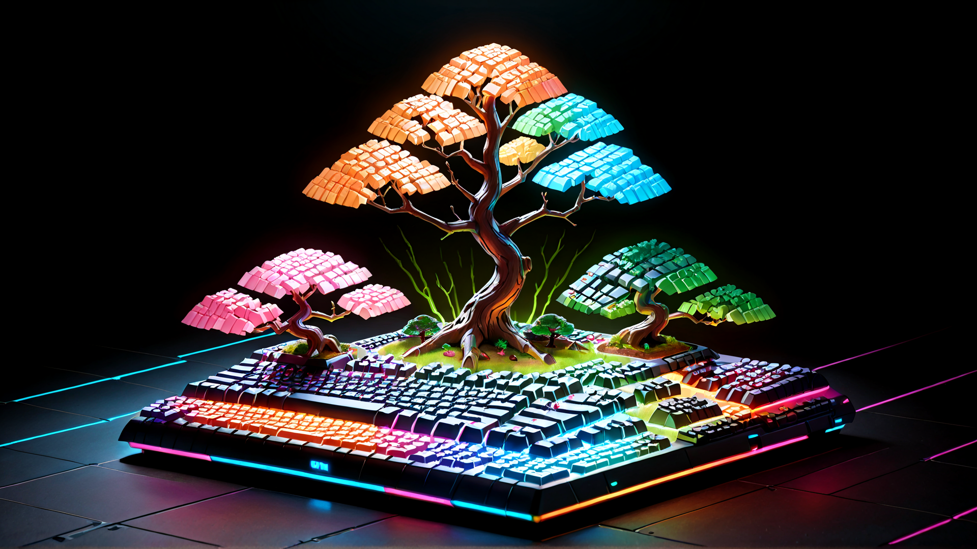 AI generated wallpaper featuring keyboard, tree, bonsai, garden, blocks