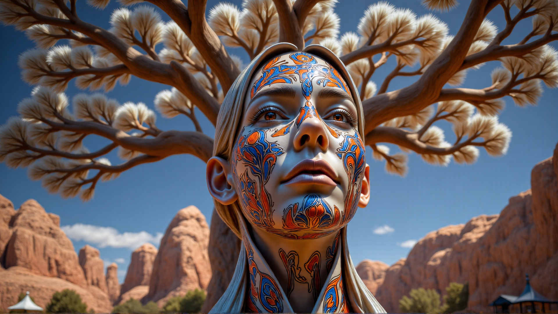AI generated wallpaper featuring woman, tree, rock formation, tattoo, nature