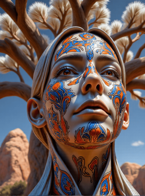 woman, tree, rock formation, tattoo, nature