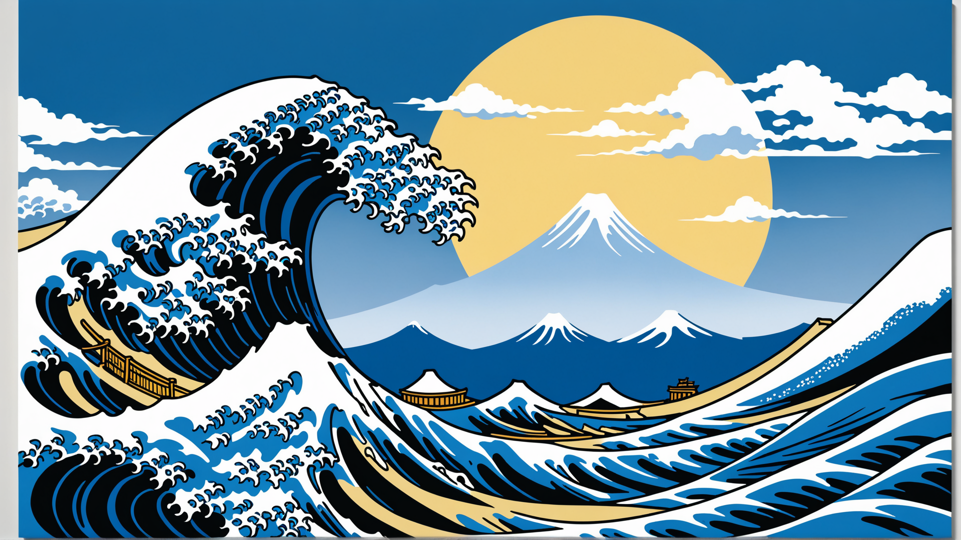 AI generated wallpaper featuring wave, mountain, sun