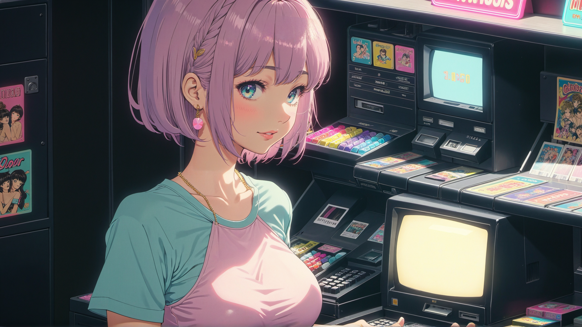 AI generated wallpaper featuring girl, arcade machine, vending machine