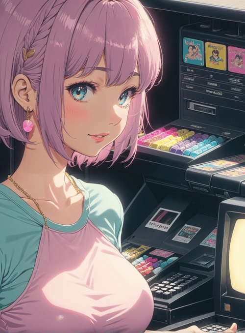 girl, arcade machine, vending machine