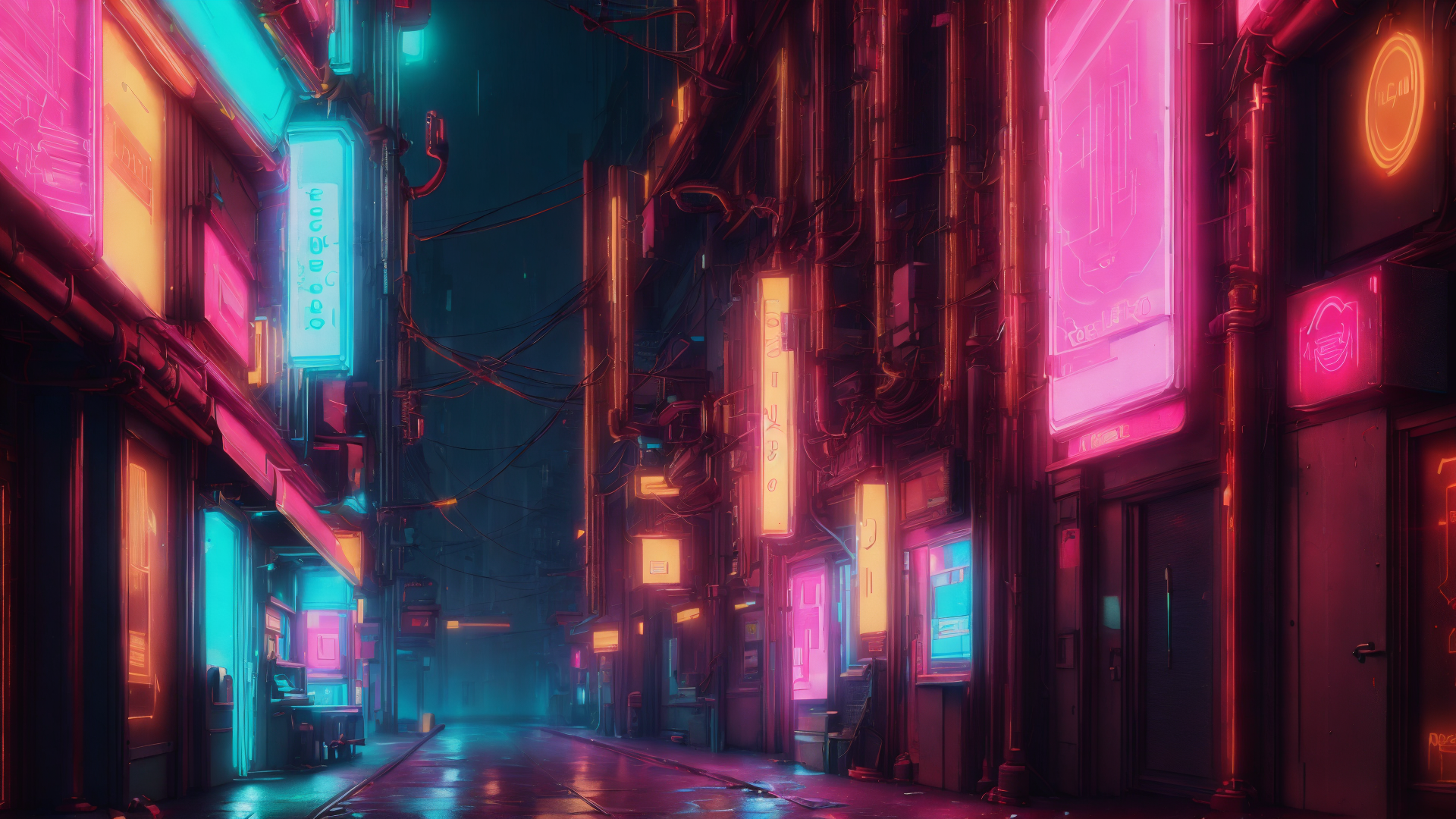 AI generated wallpaper featuring street, neon signs, buildings
