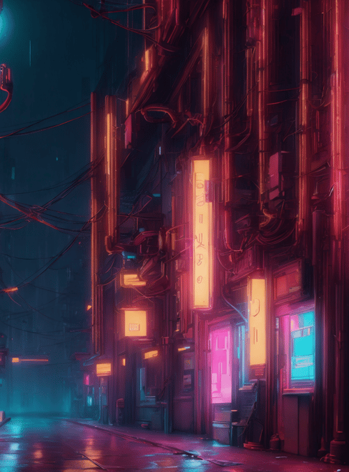 street, neon signs, buildings