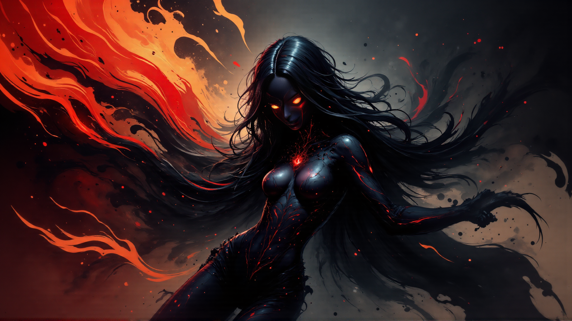 AI generated wallpaper featuring woman, flames, energy